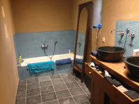Badkamer geleemd en de vochtige zones bezet met Stucco.